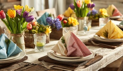 Spring Easter table setting, colorful tulips, hyacinths, napkins