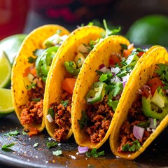 Delicious Tacos with Ground Beef and Fresh Toppings on a Dark Plate.