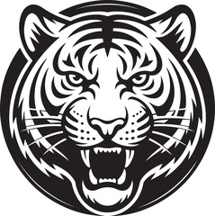 Stylized Roaring Tiger Head Vector Illustration in Black and White.