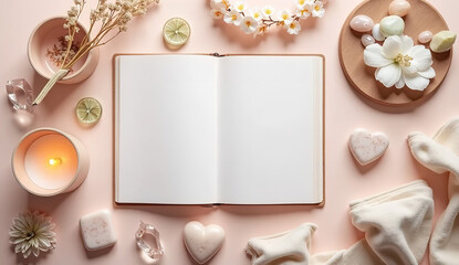 Christmas floral arrangement with candles forming a border on a warm beige background, blank center for cozy holiday messages