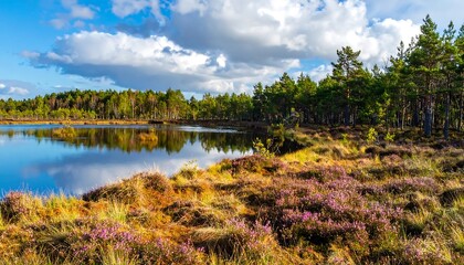 Serene Bog Landscape - Reflections on Water and Heather in Autumn.