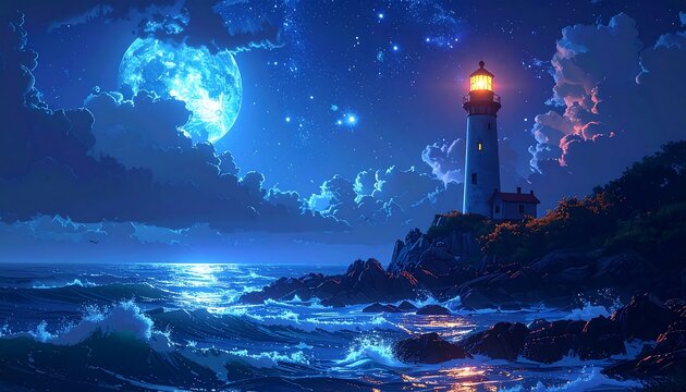 Moonlit sea scene with a tall lighthouse on a rocky coast, under a starry sky with soft clouds - Powered by Adobe