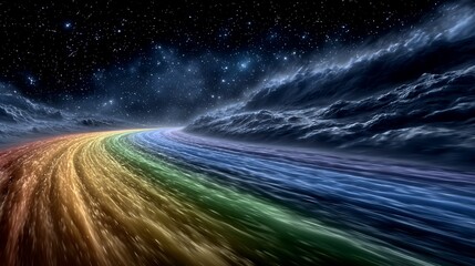 A mesmerizing rainbow road leads through cosmic clouds under a starry sky, evoking dreams