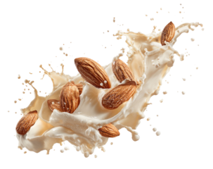 Almond splash with milk and nuts in dynamic motion on transparent background