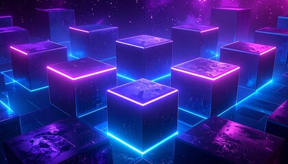 3D render of cubes with neon edges on a grid floor against a starry background