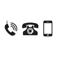 Simple black icons representing communication devices telephone smartphone evolution