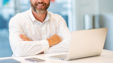 Obraz premium Remote freelance working. Businessman freelancer at office desk. Business success. Businessman communication on laptop. Freelancer man working online. Business office desk. Cropped view