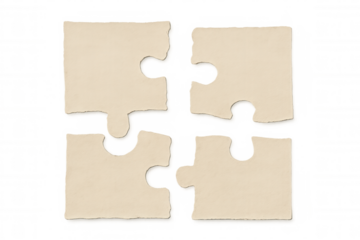 Four separated blank jigsaw puzzle pieces forming a square, representing problem solving and teamwork