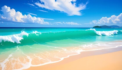 Turquoise Waves Crashing on a Sandy Beach Under a Blue Sky.