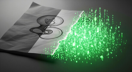 A sheet of paper with half turning into glowing binary code or pixels, symbolizing the bridge between traditional creativity and digital transformation.