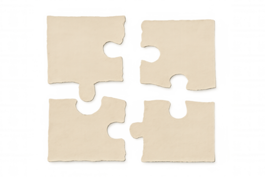 Four separated blank jigsaw puzzle pieces forming a square, representing problem solving and teamwork