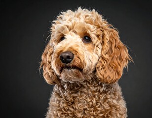 Fototapeta premium Headshot of a fluffy, tan-colored Goldendoodle dog looking to the side against a dark gray backdrop in studio lighting