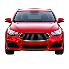 Front view of a bright red sedan on a transparent background, showing headlights and grill