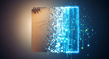 A sheet of paper with half turning into glowing binary code or pixels, symbolizing the bridge between traditional creativity and digital transformation.