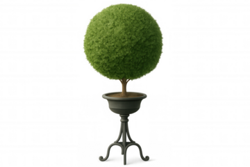 Round topiary green bush plant in a classical pot on stand, isolated on transparent background
