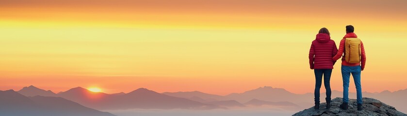 Couple Enjoying a Colorful Sunset View from a Mountain Peak with Scenic Horizon in the Background