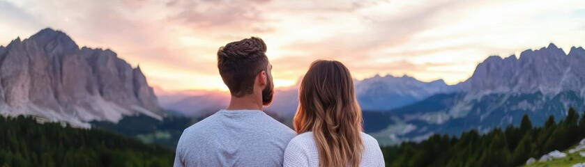 Fototapeta premium Romantic Couple Watching Sunset in Mountain Landscape with Beautiful Skies and Vibrant Colors Behind Majestic Peaks