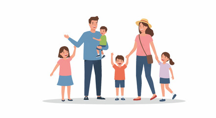 Naklejka premium A cheerful family of six, parents and children, enjoying a happy outing together.
