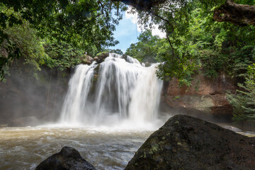 Obraz premium A beautiful natural landscape features a small waterfall cascading over moss-covered rocks in a green summer forest stream