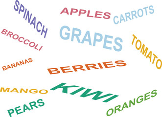 Colorful Vector Text Names of Fruits and Vegetables Isolated on White Background