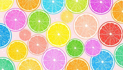 A pattern of brightly colored citrus fruit slices arranged on a pale pink background with subtle white polka dots