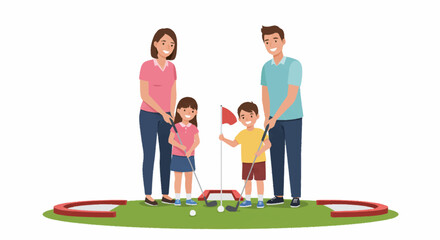 A happy family of four enjoying a game of miniature golf together on a sunny day, with parents and children holding putters and playing on a colorful course.