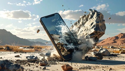 A phone is struck by a large stone in a desert environment, with fragments flying in the air
