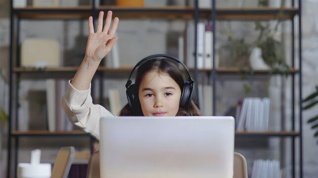Little girl in online class raising her hand in front of laptop, home learning, distance education, child in headphones studying online