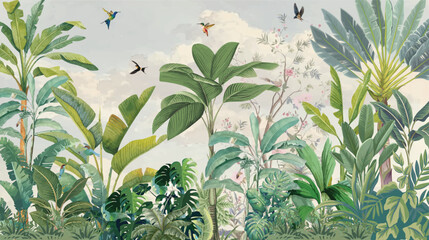 Forest Mural Wallpaper and Jungle Wall Murals, Ever Wallpaper Design, Tropical Wall Mural, Jungle mural Design, Mughal Garden Illustration,