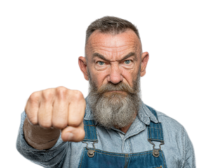 Confrontation action by a serious older man portrait isolated on transparent background