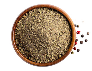 Ground Black Pepper Powder in Wooden Bowl Isolated