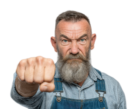 Confrontation action by a serious older man portrait isolated on transparent background