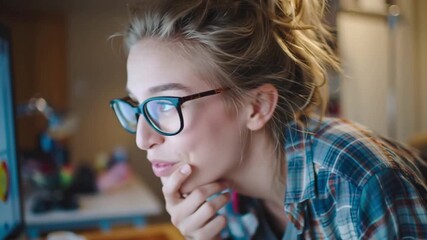 Digital mortgage process analysis on computer with focused woman wearing glasses reviewing financial data and charts in modern home office workspace - Powered by Adobe