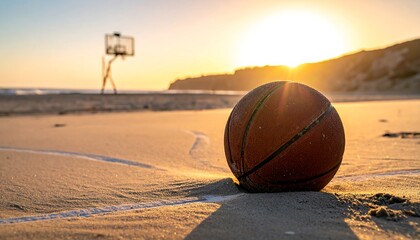 Basketball on a sandy beach at sunset, a peaceful scene.