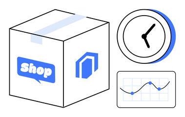 Sealed box marked shop, clock showing time, and graph with rising trend. Ideal for online shopping, logistics, delivery, business growth, time management, supply chain simple flat metaphor