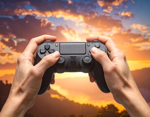 Hands hold a generic game controller against an orange sky and mountain backdrop, suggesting virtual exploration