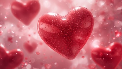 Glossy red heart covered within delicate water droplets floats against the dreamy pink background featuring soft bokeh lighting, creating a romantic and vibrant atmosphere