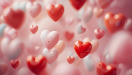 Glossy red and pink hearts float gracefully against the dreamy soft pink background, creating a romantic and whimsical atmosphere featuring gentle lighting and blurred depth