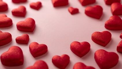 Shiny red decorative hearts are scattered across the soft pastel pink background, captured within close-up featuring shallow depth of field, creating a romantic and festive mood