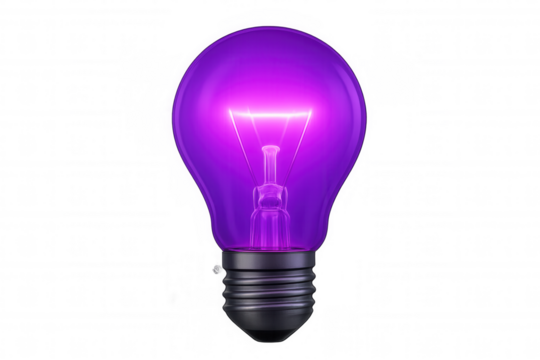 Purple light bulb glowing brightly, representing an innovative idea or concept. Transparent background