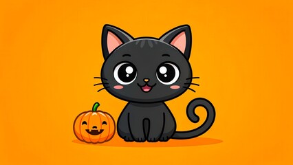 Cute black cat sitting next to a cheerful pumpkin on a bright orange background for Halloween fun