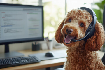 Happy Dog Wearing Headphones Working with Modern Technology at Desk Office, Funny Animal Interaction, Generative AI