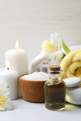 Spa accessories with oil in massage room