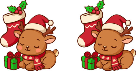 Cute cartoon christmas holiday collection featuring adorable reindeer with presents and stockings