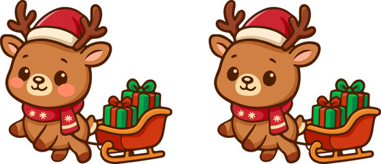 Cute cartoon christmas collection holiday reindeer with gifts in a festive environment