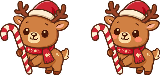 Cute cartoon holiday collection featuring adorable christmas reindeer and candy canes in a cheerful setting