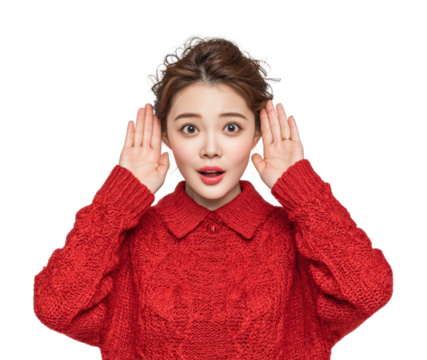 Surprised woman expressing emotions in portrait isolated on transparent background