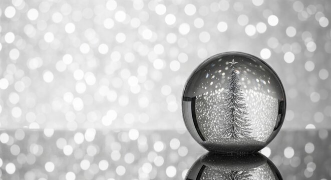Minimalist Xmas Snow Globe Decoration with Silver Tree on Shiny Background