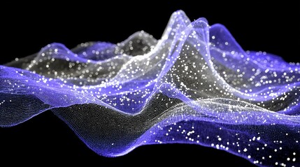 Abstract digital landscape with luminous particles and flowing wave patterns design