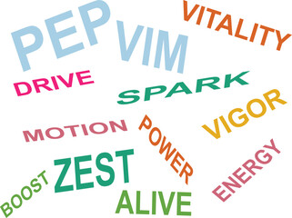 Vibrant vector word cloud about energy, vitality, power, and enthusiasm isolated on white background